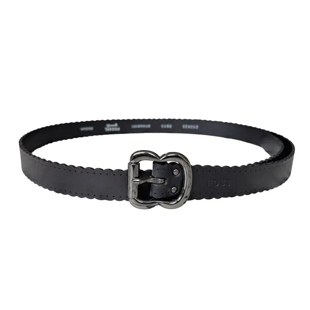 Fossil Women's Black Scalloped Laser Cut Leather Belt Sz Medium Gunmetal Buckle